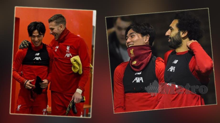 Minamino pada sesi latihan bersama Adrian (kiri) dan Salah. FOTO Liverpool FC