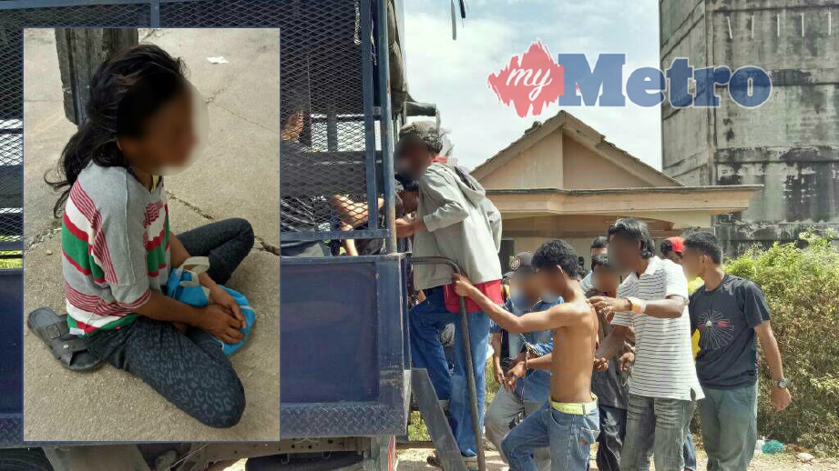 TIGA puluh tiga penagih ditahan pihak AADK dalam serbuan di Port Sarang Burung, Kampung Seberang Jaya, Kuala Sala. Gambar kecil, penagih wanita berusia 37 tahun yang ditahan pihak AADK. FOTO Nur Syazwana Mansor.