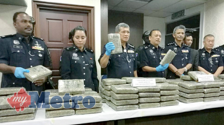 KETUA Polis Kedah, Datuk Asri Yusoff (tiga kiri) menunjukan sebahagian 160 ketul ganja ganja bernilai RM496,500 yang dirampas dalam satu serbuan di Seberang Jaya, Pulau Pinang oleh JSJN Kedah dalam operasi Isnin lalu. FOTO Omar Osman