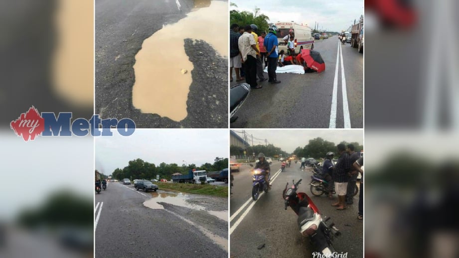 MANGSA maut di lokasi kejadian selepas terlanggar lubang di Jalan Telok Gong. FOTO Ihsan PDRM