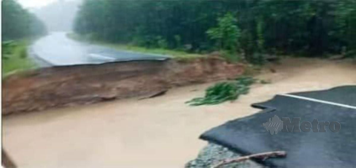 Keadaan Jalan Kampung Suang Duyung, Pitas yang terputus disebabkan banjir yang berlaku di daerah itu. FOTO Ihsan JKR Sabah