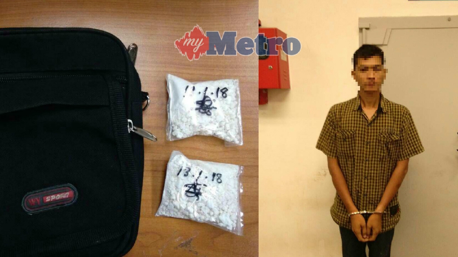 SUSPEK berusia 32 tahun ditahan polis kerana disyaki penagih dan pengedar dadah di Pendang, petang semalam.Gambar Ihsan PDRM