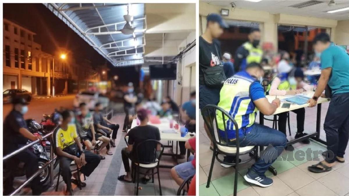  Polis mengeluarkan kompaun kepada individu yang tiada penjarakan sosial di sebuah kedai makan di Manjung. FOTO Ihsan PDRM