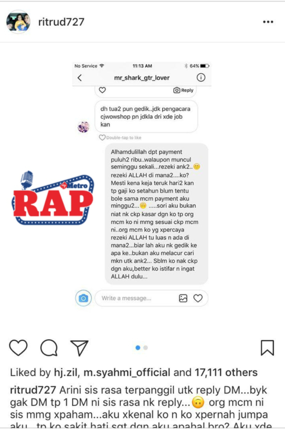 PAPARAN mesej yang diterima Rita Rudaini menerusi Instagram. FOTO Instagram Rita Rudaini