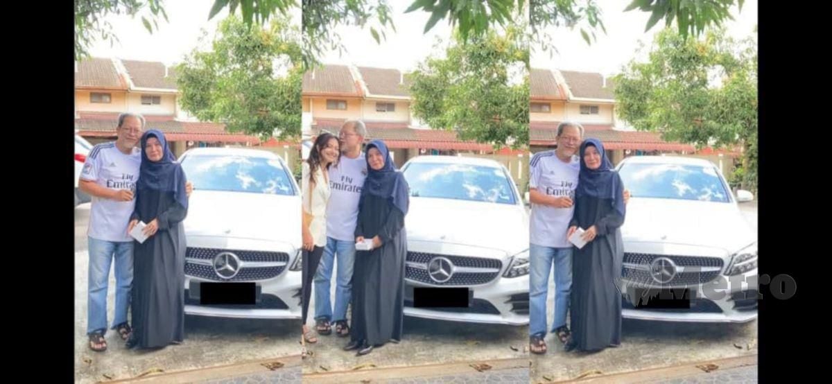 Ibu bapa Daiyan Trisha bergambar dengan kereta yang dihadiahkan pada mereka.FOTO Instagram
