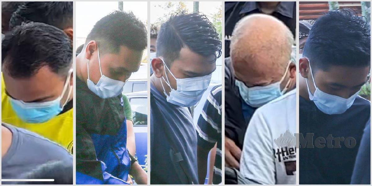 Lima anggota polis Unit Pasukan Peronda (MPV) Pulau Pinang dari kiri, Mohd Nurizuan Ahmad Suhaimi, 38; Muhamad Khusairi Ahamad, 30; Muhammad Mustaqim Ismail, 35; Rozaini Abu Hassan, 48; dan Muhamad Syakir Haikal Hasli, 24, hadir di Mahkamah Bukit Mertajam, dituduh melakukan pemerasan dengan mendatangkan ketakukan kepada seorang lelaki berusia 28 tahun kerana memiliki dadah. FOTO DANIAL SAAD