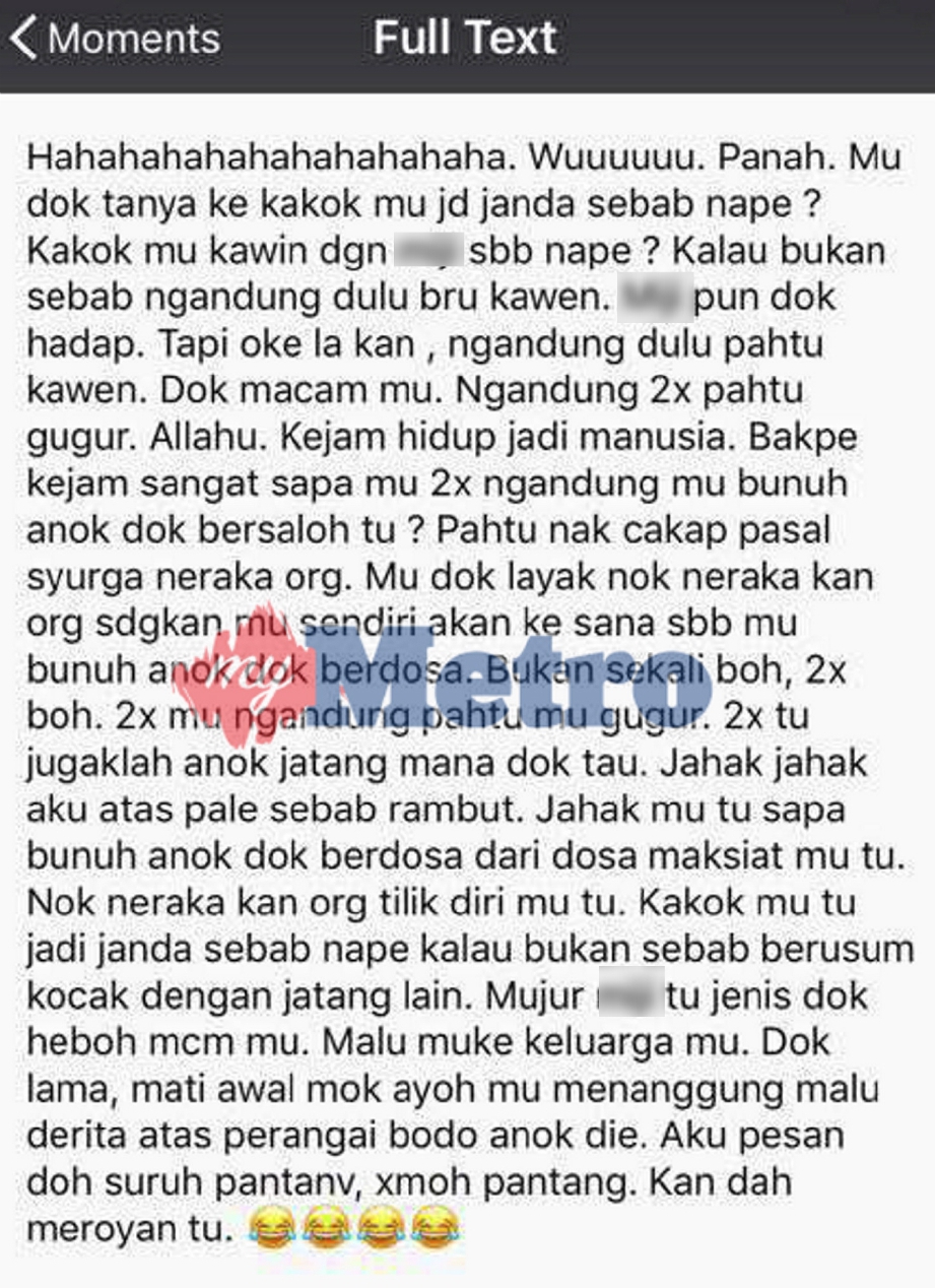 Status yang dimuat naik oleh suspek di laman Facebook sebelum menjadi pergaduhan dan menjadi mangsa culik oleh tujuh orang suspek di Kampung Wakaf Che Kapor, Kuala Terengganu. FOTO Mohd Syafiq Ridzuan Ambak