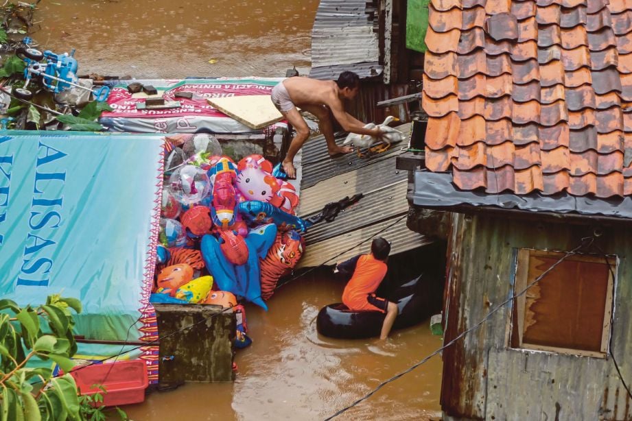 SEORANG lelaki selamatkan angsa dari bumbung rumah mereka daripada banjir. - AFP
