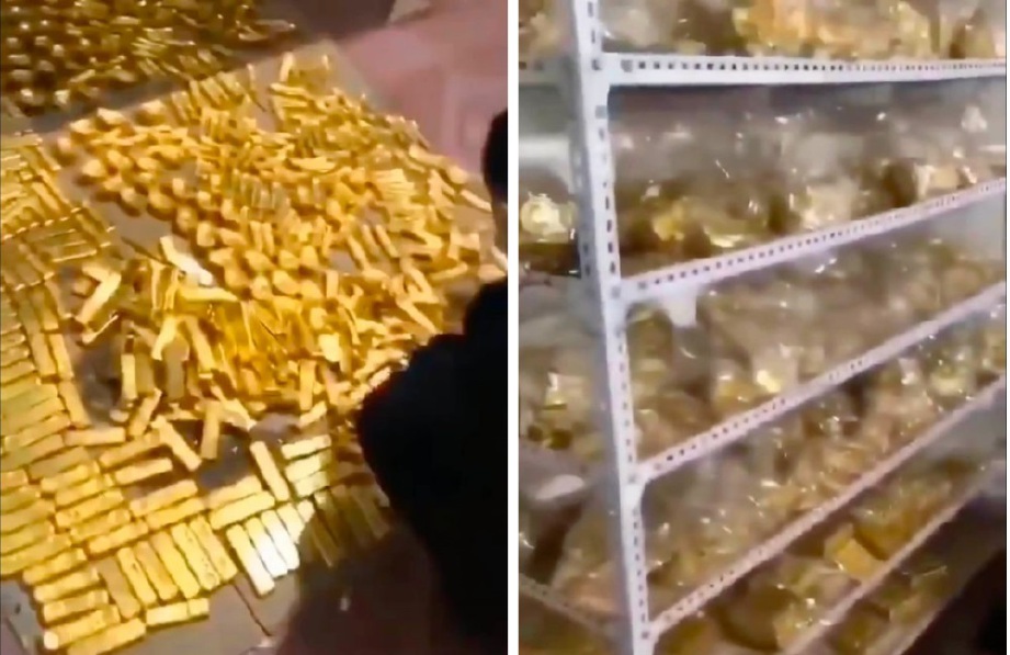 TIMBUNAN jongkong emas dianggarkan bernilai hampir AS$500 juta (RM2 bilion) yang diletakkan di beberapa rak besi serta lantai. FOTO: Agensi