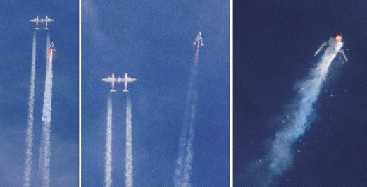 TIGA gambar ini menunjukkan kapal angkasa Virgin Galactic berpisah dari kapal pengangkut (kiri) sebelum meletup di udara (kanan) ketika menjalani ujian penerbangan, semalam.