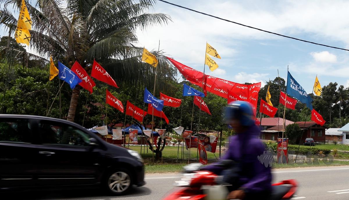 Bendera-bendera parti bertanding yang dipasang di sepanjang jalan di Kampung Paya Panjang, Bukit Pasir menjelang Pilihan Raya Negeri (PRN) Johor ke-15. FOTO HAIRUL ANUAR RAHIM