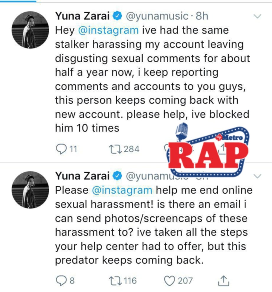 PAPARAN luahan Yuna mengenai serangan seksual dialaminya. FOTO Twitter Yuna