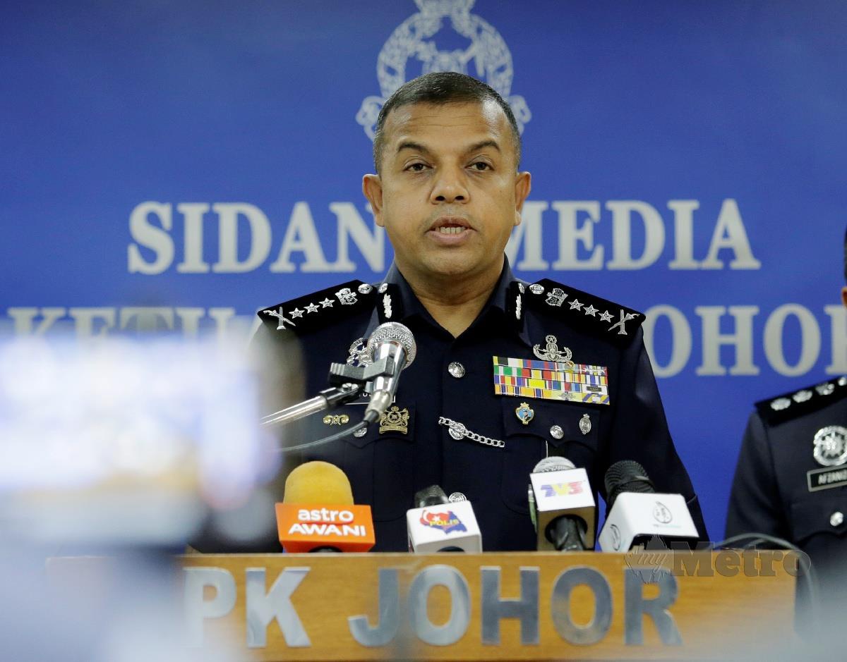 Ketua Polis Johor, Datuk Ayob Khan Mydin Pitchay ketika sidang media di Pusat Media Ibu Pejabat Polis Kontinjen (IPK) Johor. FOTO NUR AISYAH MAZALAN
