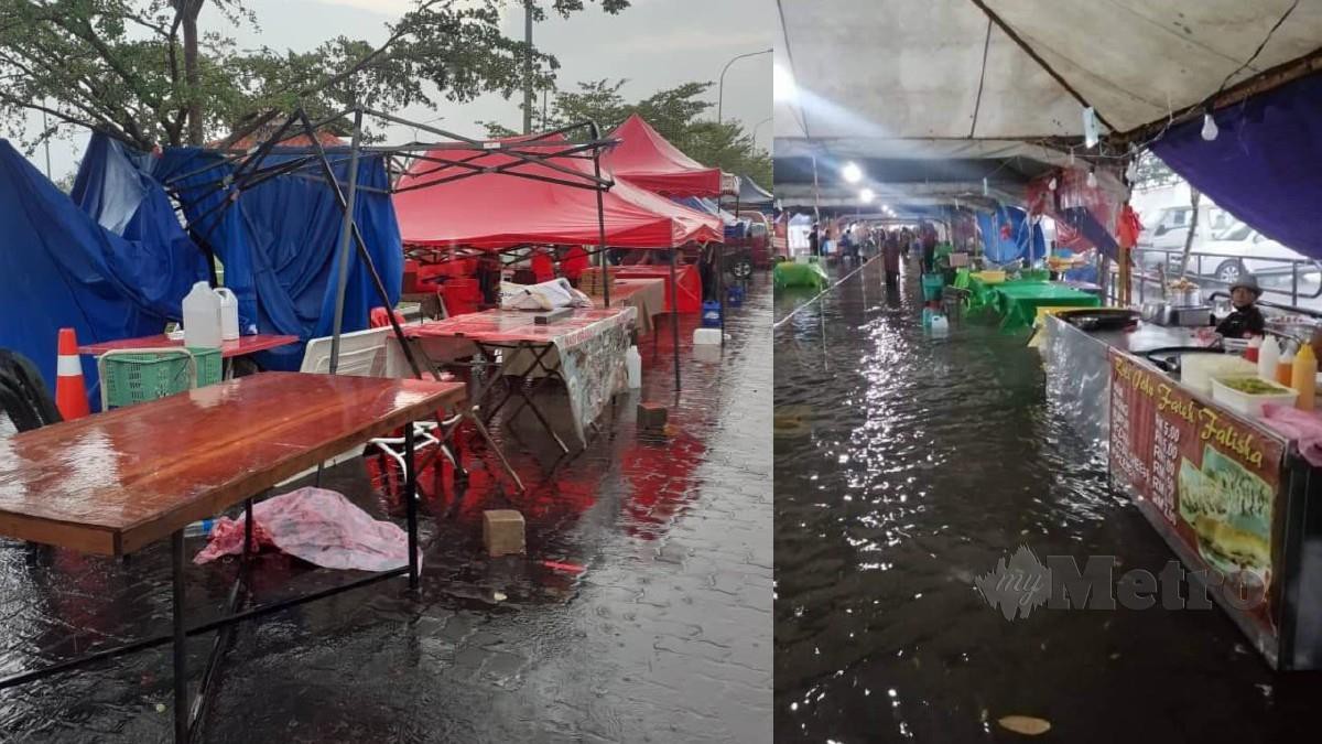 Antara sebahagian khemah bazar Ramadan di Medan Nusari Sendayan yang runtuh akibat ribut petang semalam. FOTO Ihsan Peniaga