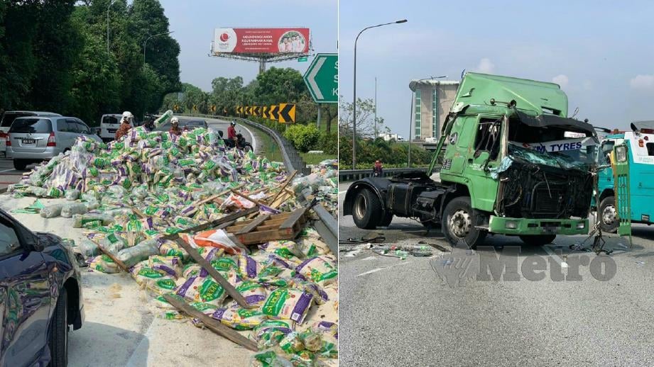 BIHUN dan beras bertaburan di jalan raya susulan lori terbalik. FOTO Ihsan PDRM