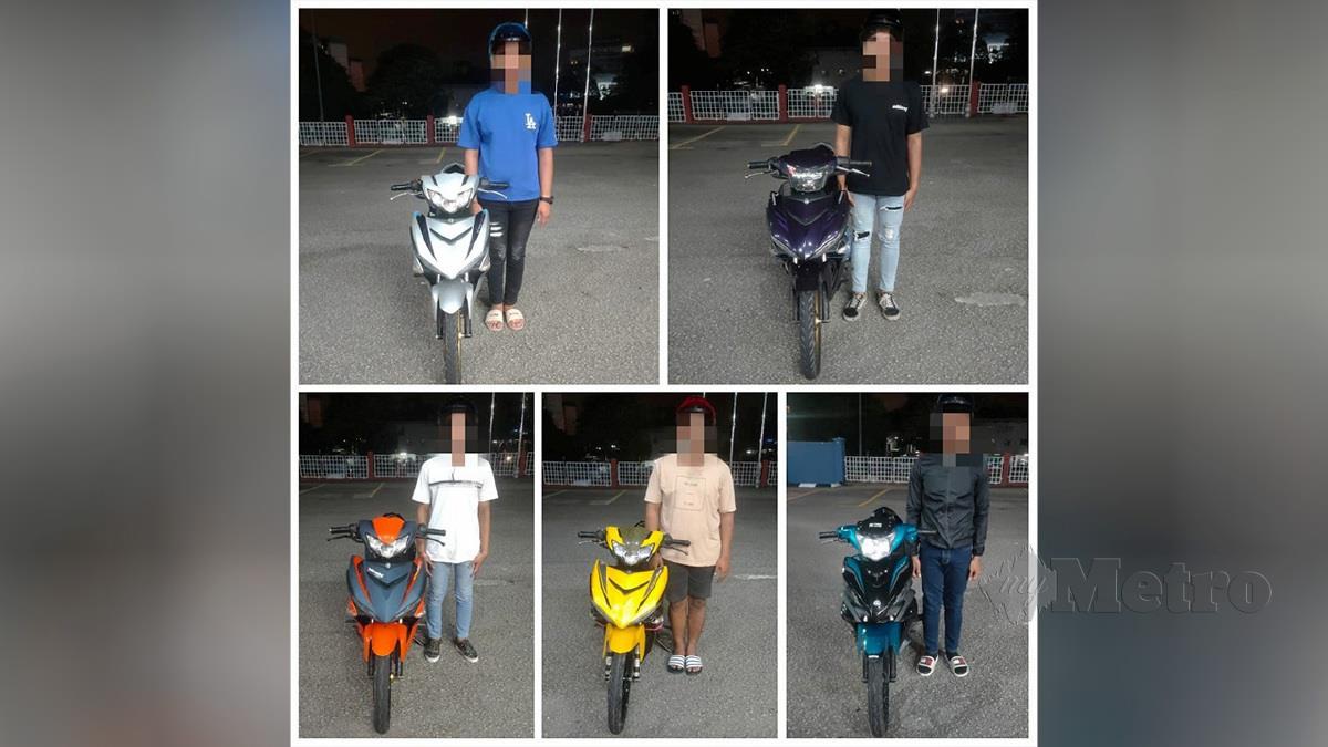 Lima penunggang motosikal berusia lingkungan 18 hingga 23 tahun ditahan kerana menunggang secara melulu di Lebuhraya NKVE, Shah Alam pagi tadi. FOTO Ihsan JSPT Bukit Aman