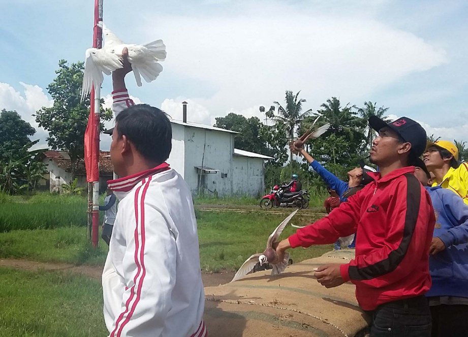 SEKUMPULAN lelaki di Purbalingga bersiap sedia untuk mengadakan perlumbaan burung merpati.  - Jakarta Post