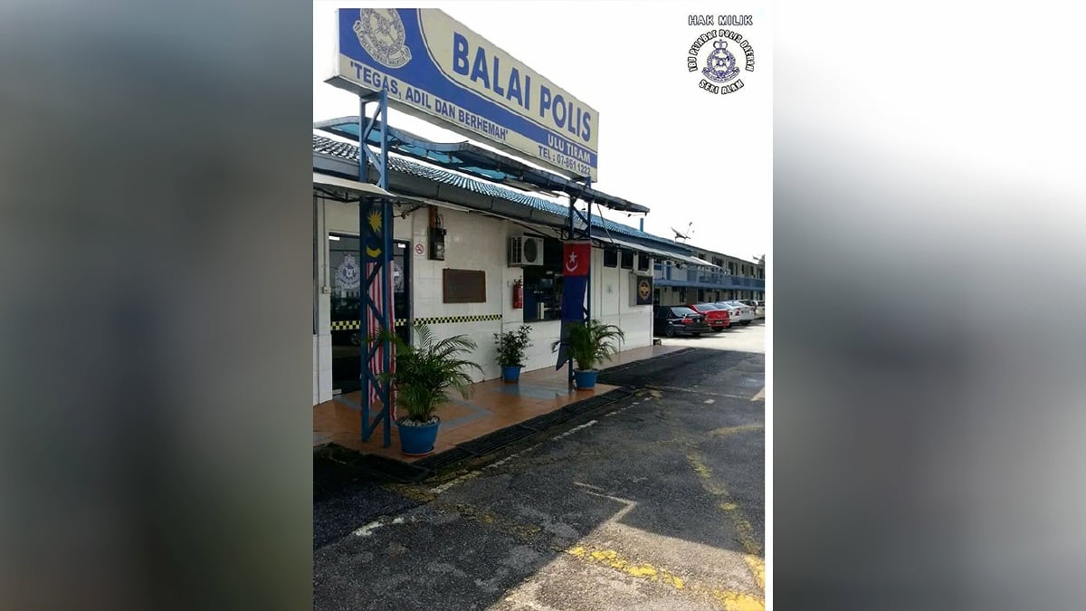 Balai Polis Ulu Tiram yang dipercayai berlaku kejadian ceroboh dan serangan terhadap anggota polis. Gambar media sosial.