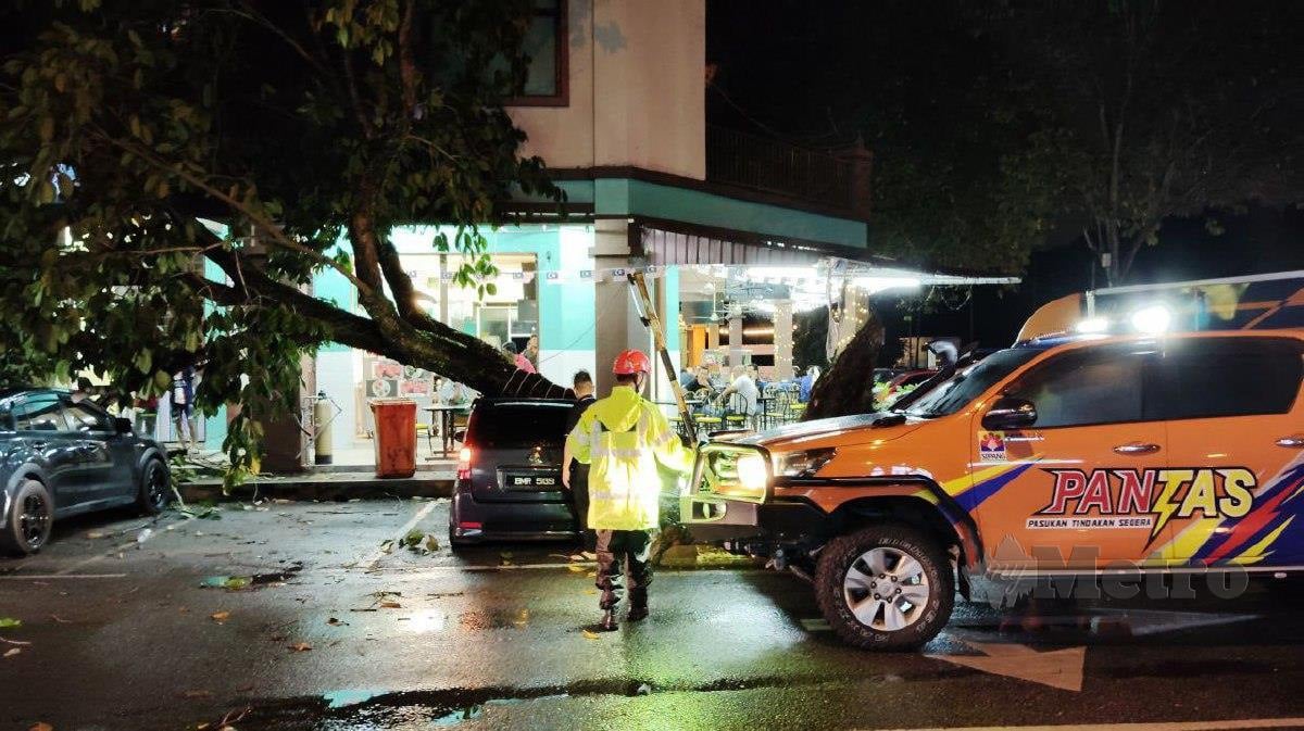 Pasukan Tindakan Segera (Pantas) MPSepang mengalihkan pokok tumbang di kawasan Sepang selepas hujan lebat disusuli ribut semalam. Foto ihsan MPSepang.