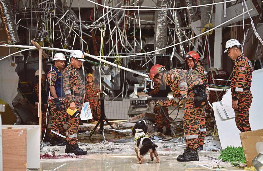 ANGGOTA bomba menggunakan anjing pengesan untuk menyiasat punca letupan.