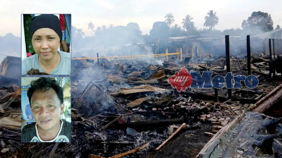 KEBAKARAN memusnahkan kira-kira 30 rumah papan yang mengakibatkan lebih 150 penduduk hilang tempat tinggal di Kampung Sarip, Lahad Datu. Gambar kecil, dua beradik yang meredah kebakaran demi menyelamatkan ibu mereka. FOTO Ihsan Bomba, Ainul Durmahyanty Durming