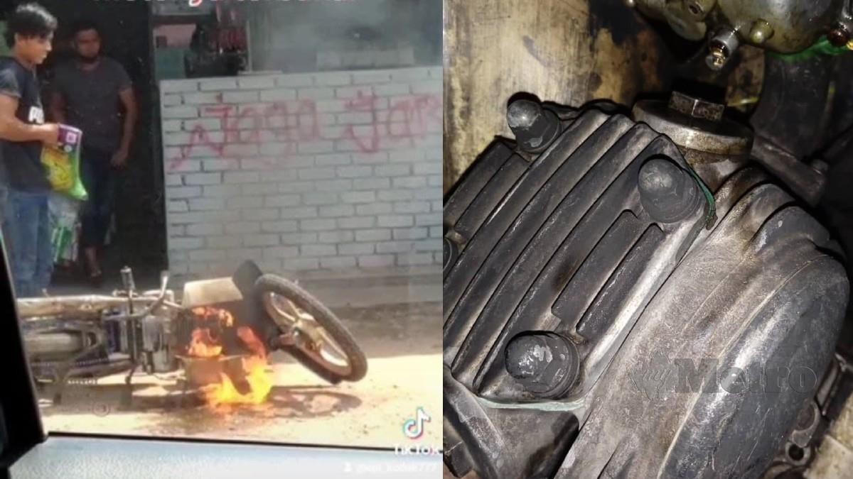 MUHAMMAD Arif hanya sempat menyelamatkan beras selepas motosikal terbakar dengan tiba-tiba. Gambar kanan, kesan kebakaran pada motosikal. FOTO Ihsan Muhammad Arif