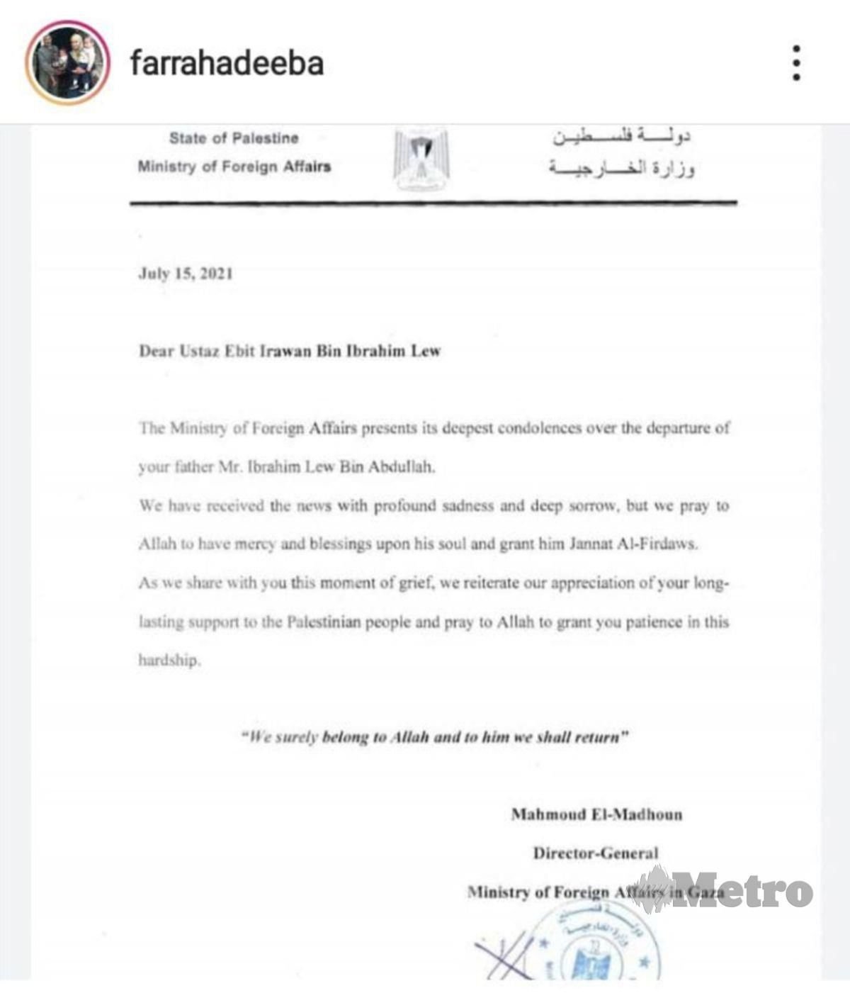 Surat rasmi ucapan takziah daripada Kementerian Luar Gaza kepada Ebit yang dikongsi Farra Adeeba di Instagram.