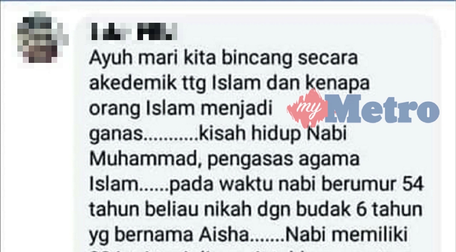 Pemilik akaun Facebook yang membuat komen cercaan dan penghinaan terhadap Nabi Muhammad SAW dan umat Islam. FOTO Tular
