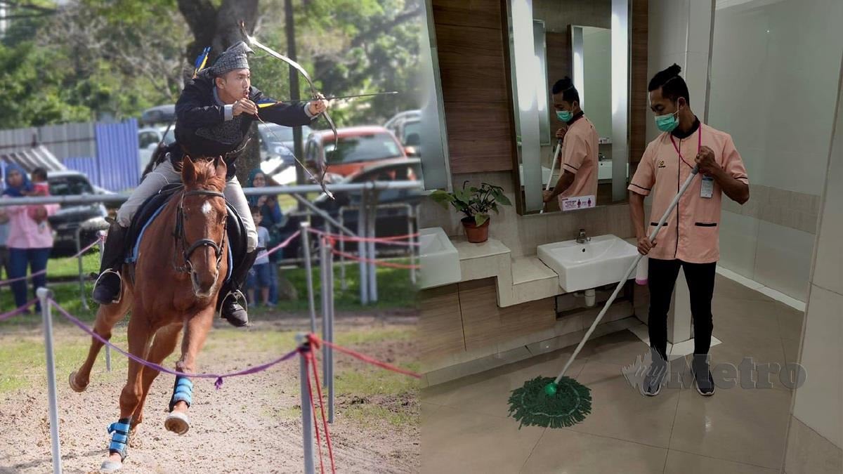 (Gambar kiri) Aqi ketika mewakili negara dalam acara sukan memanah berkuda. (Gambar kanan) Aqi pernah menjadi tukang cuci di pusat beli belah selama tiga bulan sebelum menjalankan sendiri perkhidmatan menerusi syarikatnya. FOTO IHSAN MOHD BAIHAQI HASBULLAH