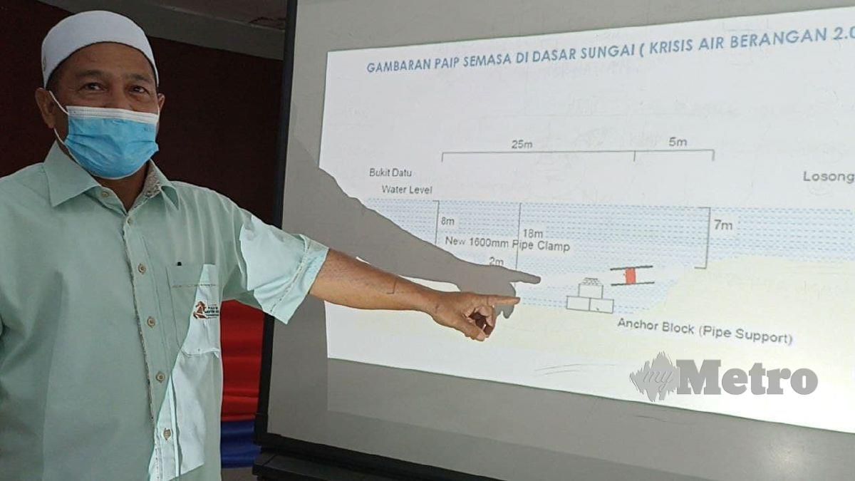 Exco Infrastruktur, Kemudahan Awam, Utiliti dan Teknologi Hijau negeri, Dr Mamad Puteh menjelaskan keadaan paip yang patah di dasar Sungai Terengganu pada sidang media di Pejabat SATU. FOTO ZAID SALIM