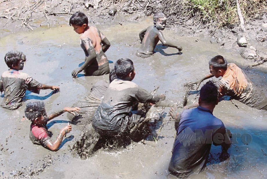 KANAK-KANAK teruja bermandi lumpur berebut menangkap ikan air tawar di Kampung Berangan Pondok.