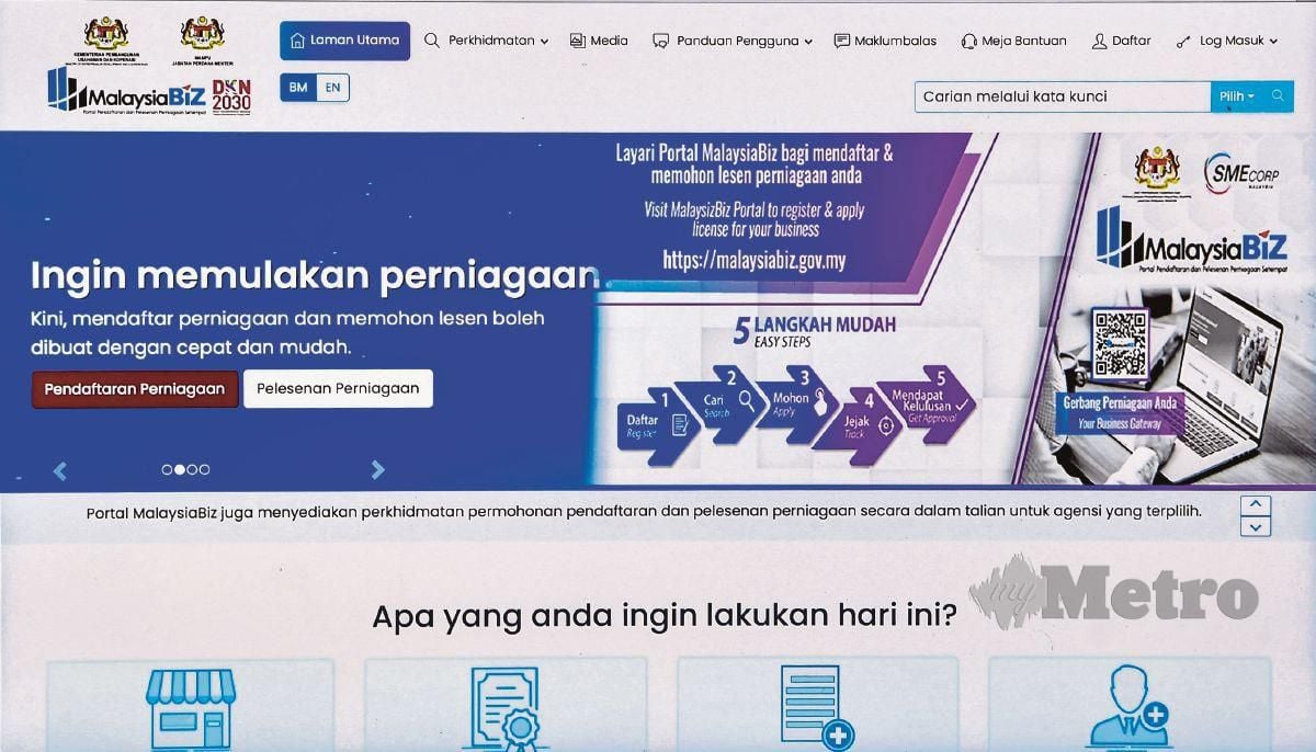 MUHYIDDIN menyampaikan ucapan pelancaran portal Pendaftaran dan Pelesenan Perniagaan Setempat (MalaysiaBiz) secara maya, semalam.