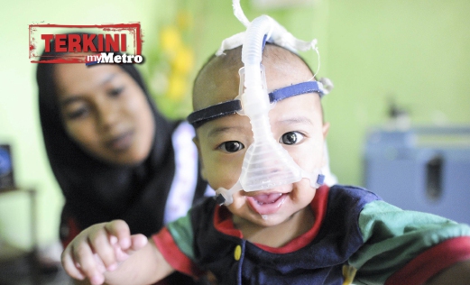 FAYRUZZ Mikhail Abdul Rahman berusia 8 bulan yang mengidap penyakit asma, jantung berlubang dan paru-paru kronik hanya bergantung kepada alat pernafasan yang dipinjamkan oleh pihak Hospital Pulau Pinang. FOTO Muhd Adib