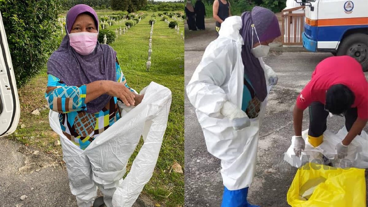 Faridah bersiap memakai pakaian perlindungan diri (PPE) ketika menyertai Skuad Hang Cangkul untuk mengurus dan mengebumi dua jenazah pesakit Covid-19. FOTO IHSAN PEMBACA