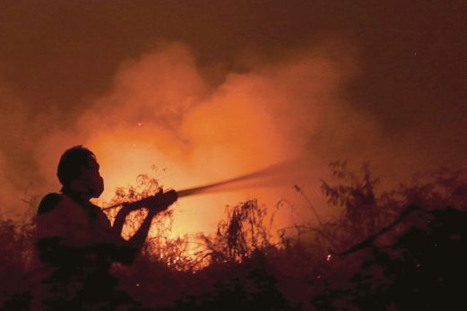 ANGGOTA bomba berusaha memadamkan kebakaran hutan di Simpang Pelabuhan berhampiran Palembang di pulau Sumatera, semalam. 