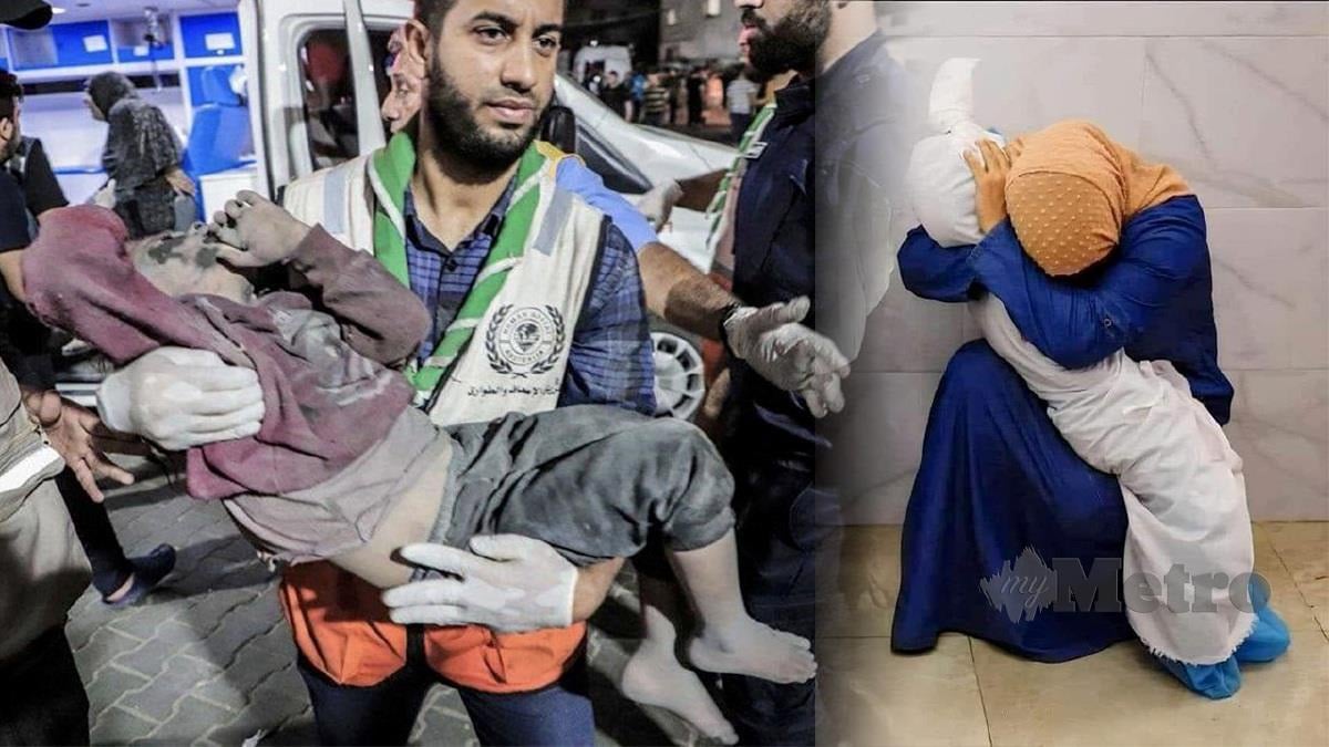 PASUKAN keselamatan membawa mangsa kanak-kanak yang tercedera dalam serangan bom tentera Zionis untuk mendapatkan rawatan segera.