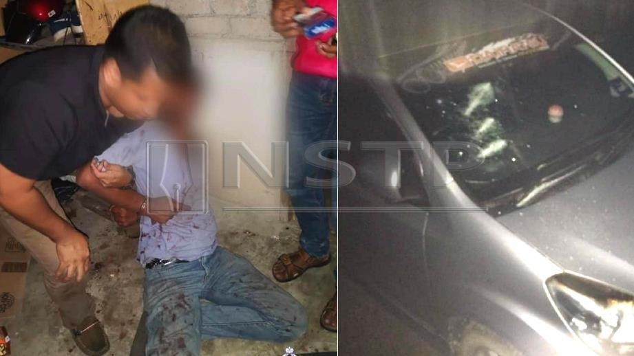 ANGGOTA polis menahan suspek berusia 42 selepas dia mengamuk menggunakan parang dan merosakkan kenderaan di Kampung Kuah, Langkawi, pagi semalam. FOTO Ihsan PDRM