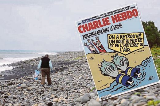 TERBITAN majalah Charlie Hebdo terbaru mengenai penemuan serpihan pesawat MH370.