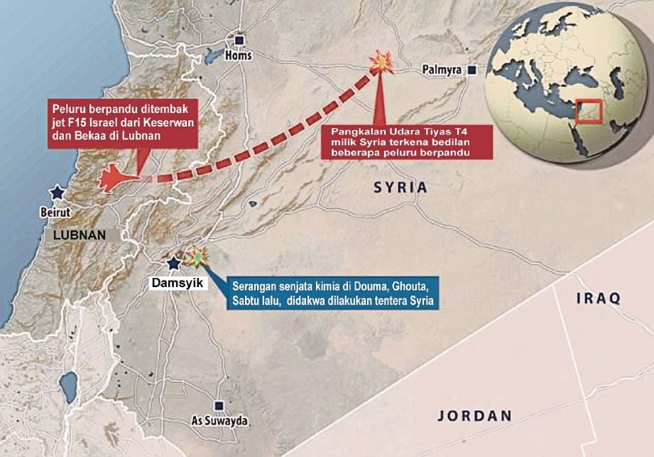 PETA menunjukkan lokasi pangkalan udara T4 di Syria yang menjadi sasaran jet pejuang Israel. - Agensi