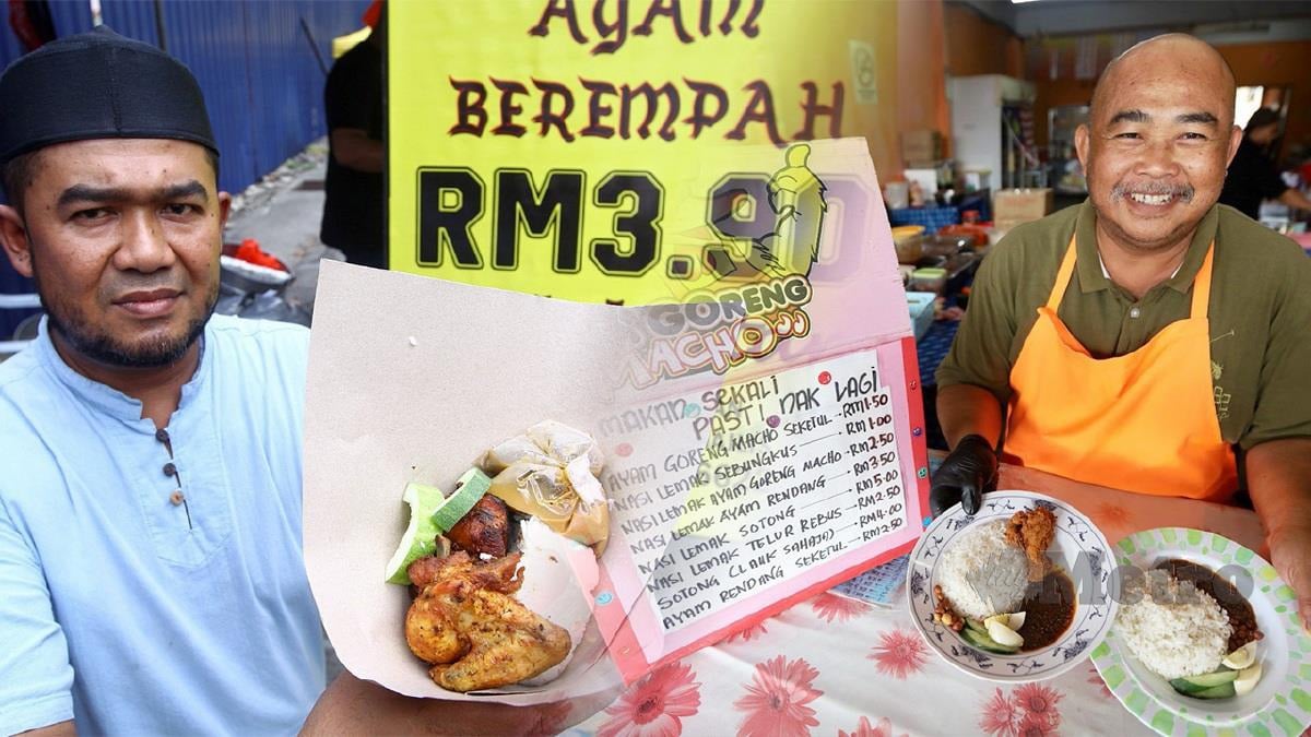 Gambar kiri: MOHD Zawawi menunjukkan nasi kukus ayam berempah yang dijual pada harga RM3.90 sahaja. Gambar kanan: NOR Samad menunjukkan nasi lemak serta ayam goreng yang djual di gerainya yang terletakdi Selayang. 