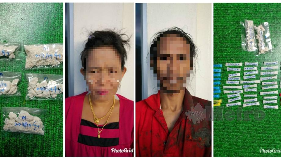 SUSPEK tokan dadah wanita berusia 46 tahun dan lelaki, 40. ditahan bersama dadah heroin dalam serbuan polis di Kampung Bukit Malut, Langkawi. FOTO Ihsan PDRM