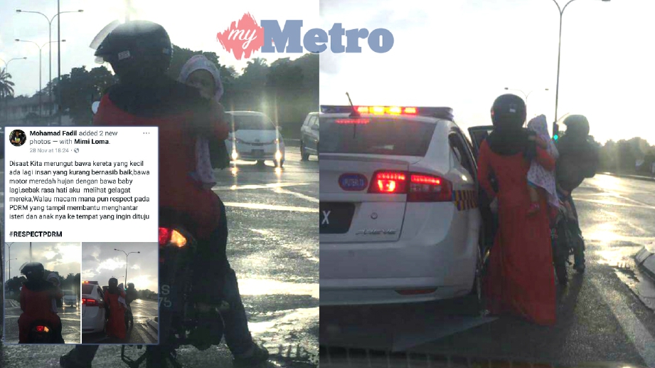 GAMBAR yang tular di FB menunjukkan dua anggota polis menumpang keluarga yang menaiki motosikal dalam keadaan hujan. FOTO Ihsan FB Mohamad Fadil Abdul Raman