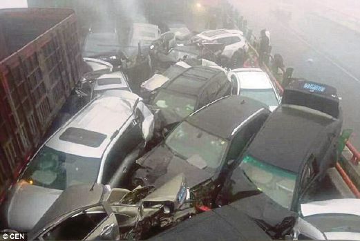 KEADAAN sebahagian 33 kenderaan yang terbabit dalam satu kemalangan ketika kabus tebal di Shanxi, China.
