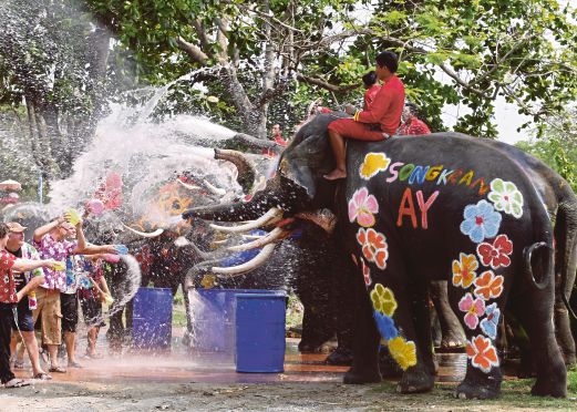 PELANCONG asing disembur air oleh beberapa ekor gajah dalam acara awal menjelang sambutan Festival Songkran.