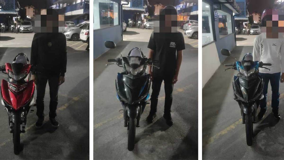 TIGA penunggang motosikal ditahan dalam operasi di sekitar Lebuhraya Kuala Lumpur-Seremban. FOTO ihsan Polis