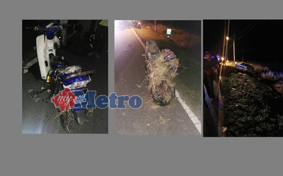 Kemalangan mengorbankan dua penunggang motosikal di kilometer 2 Jalan Parit Botak, Senggarang Batu Pahat Johor 7.30 malam semalam. FOTO ihsan PDRM