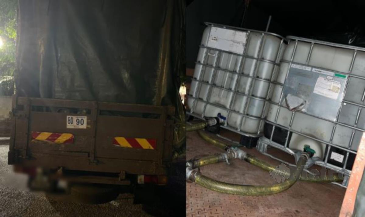 Antara lori dan tank yang berisi minyak dipercayai diesel untuk dijual di pasaran gelap. Ihsan Polis