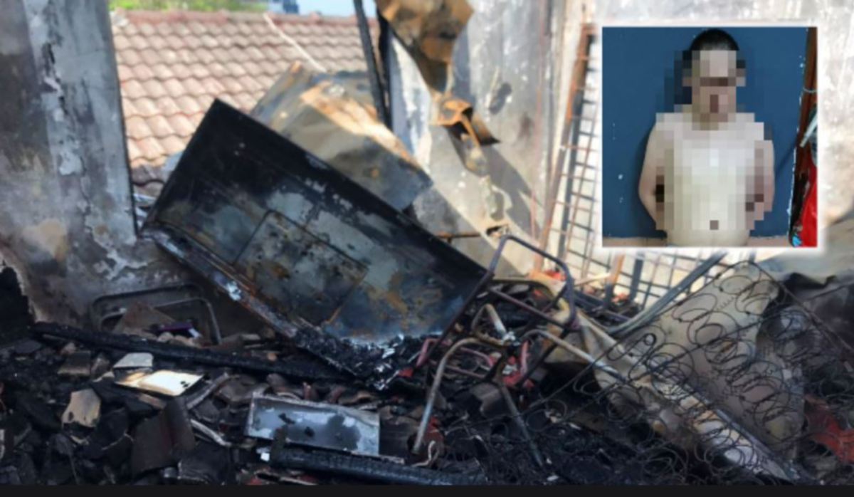 PENGANGGUR (gambar kecil) yang positif dadah dipercayai mencetuskan kebakaran rumah di Seksyen 17 Petaling Jaya dan menghalang bomba daripada memadam kebakaran itu. FOTO Ihsan Polis.