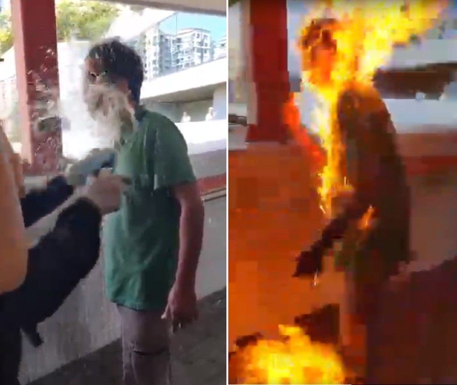 VIDEO yang tular menunjukkan detik seorang lelaki disimbah cecair sebelum dibakar. FOTO Agensi