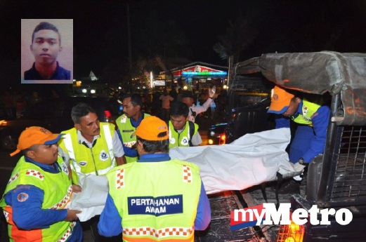 ANGGOTA polis dan Jabatan Pertahanan Awam Malaysia (JPAM) negeri mengangkat mayat mangsa (gambar kecil). FOTO Muhammad Hatim Ab Manan